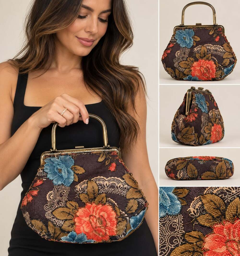 Vintage Floral Print Fabric Handbag With Beaded Accents And Metal Handle